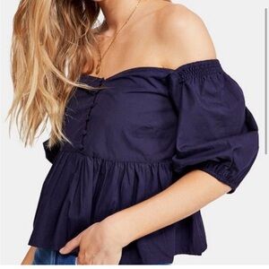 Free People Veronica Sweetheart Top Off The Shoulder Navy Med Puff Sleeve